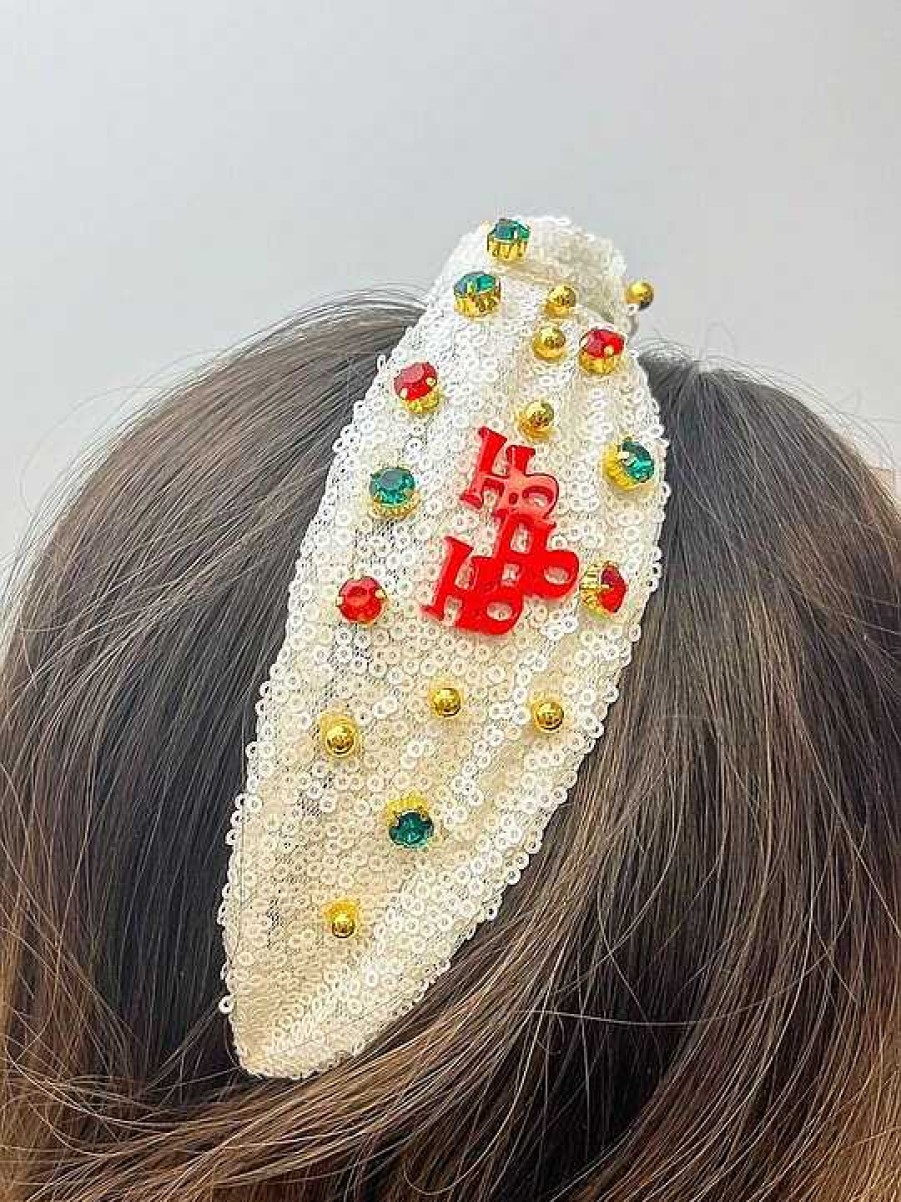 Accessories Prep Obsessed JS Headbands | Ho Ho Ho' Embellished Sequin Top Knot Headband - White