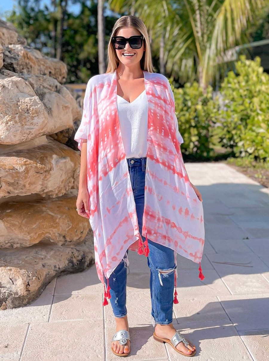 Clothing Prep Obsessed MIZ Kimonos | Tie Dye Tassel Kimono - Pink