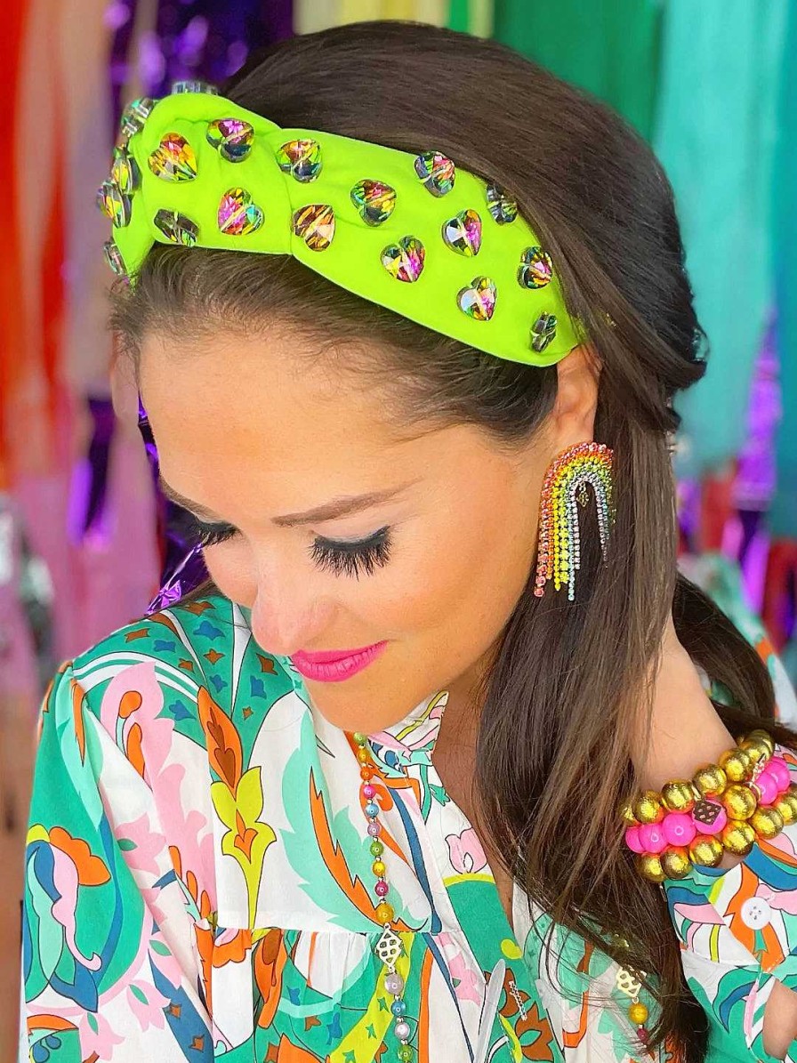 Accessories Brianna Cannon Hair Ties & Clips | Rainbow Heart Crystals Knotted Headband - Neon Green By Brianna Cannon