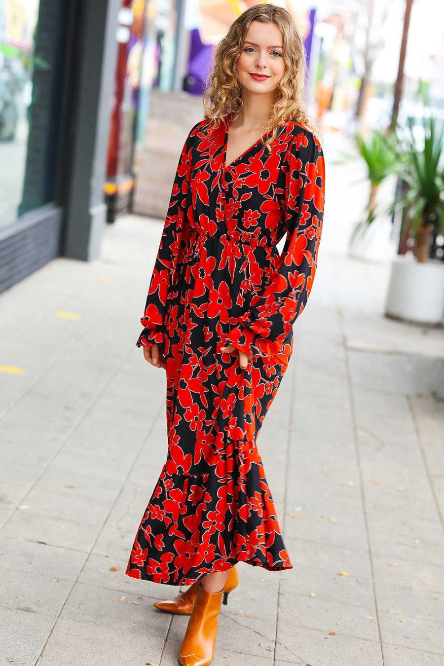 Clothing Haptics Maxi Dresses | It'S A Match Black & Rust Floral Surplice Maxi Dress (Shipping In 1-2 Weeks)