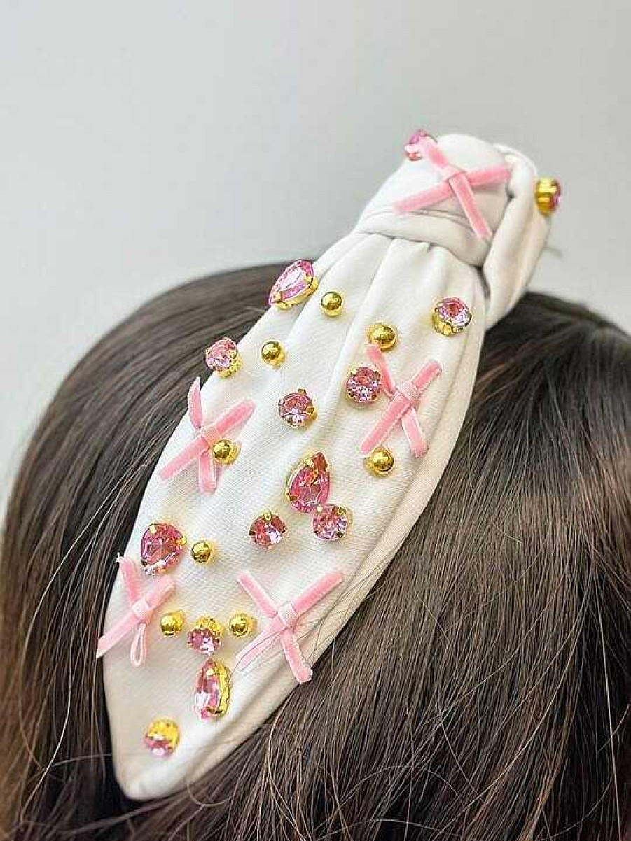 Accessories Prep Obsessed JS Headbands | Ribbon & Jewel Top Knot Headband - Pink