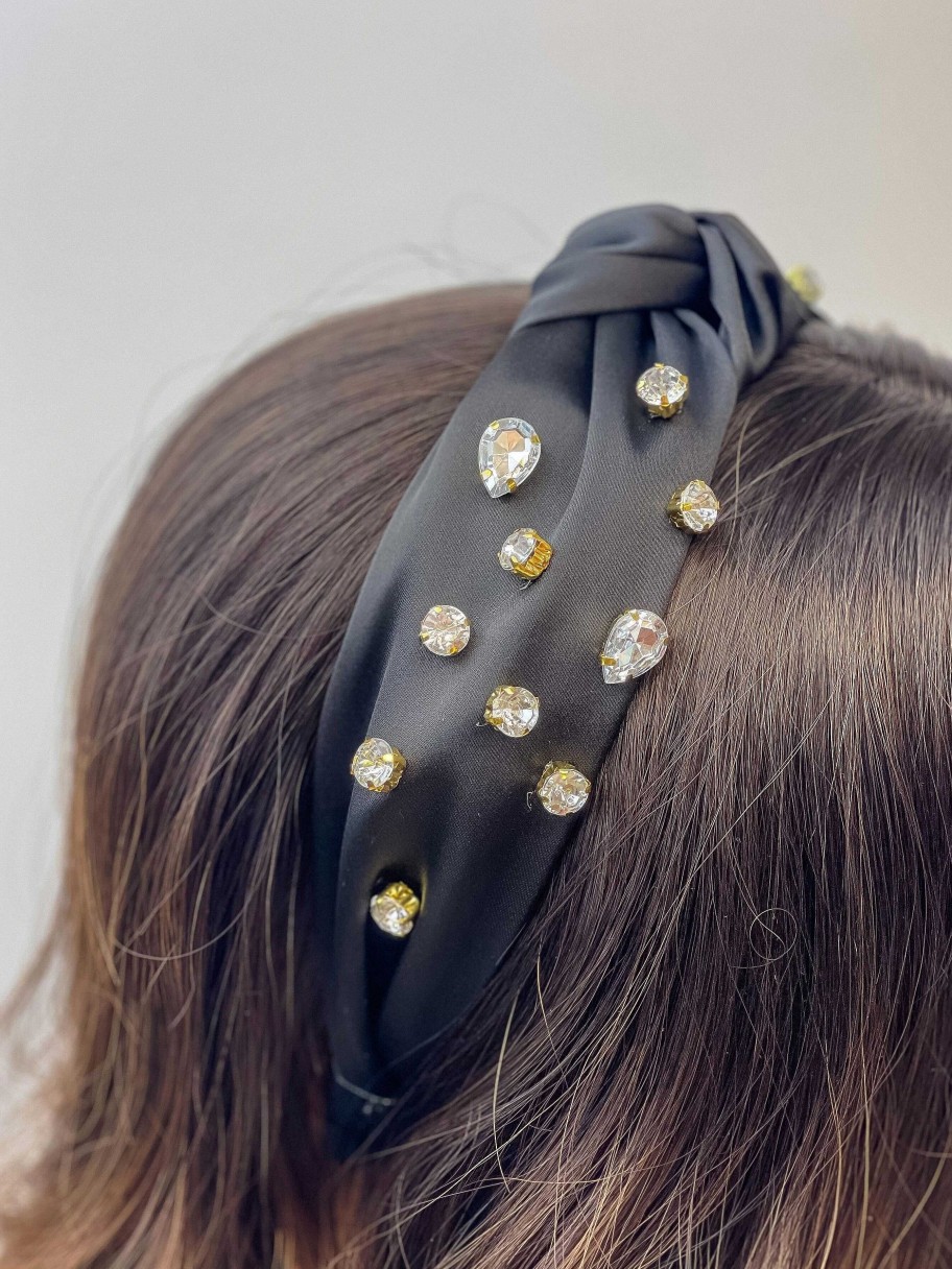 Accessories Prep Obsessed GS Hair Ties & Clips | Satin Rhinestone Knotted Headband - Black