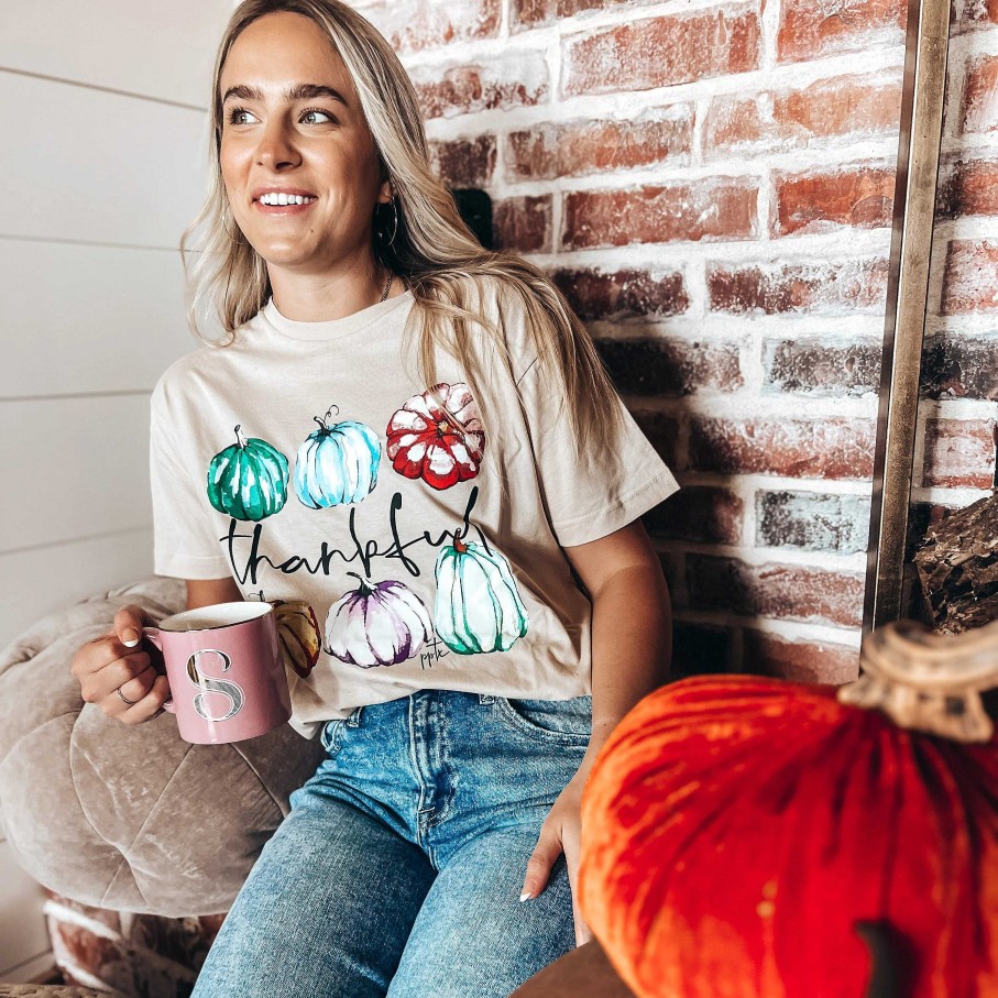 Clothing Prickly Pear TX Graphic Tees | Thankful' Painted Pumpkins Short Sleeve Graphic Tee