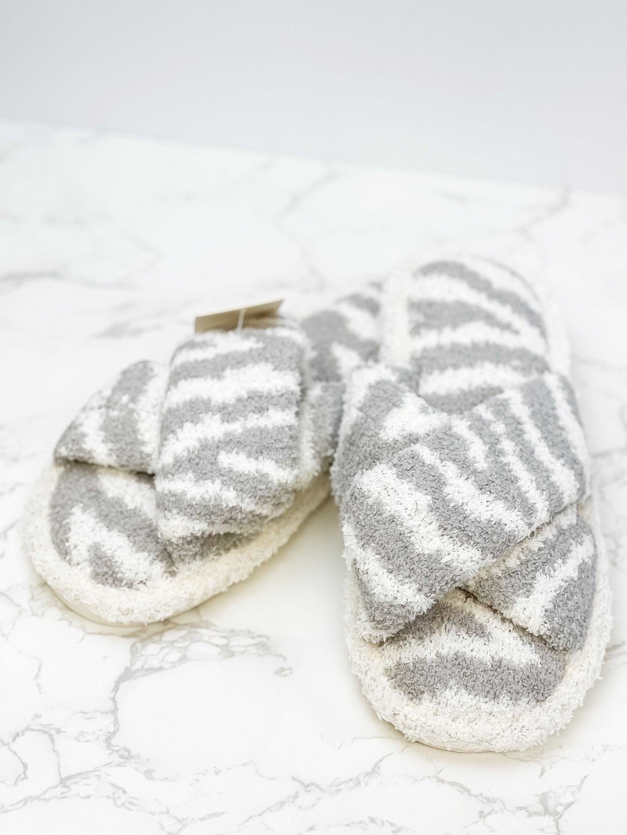 Shoes Prep Obsessed JTC | Zebra Criss Cross Fuzzy Slippers - Gray