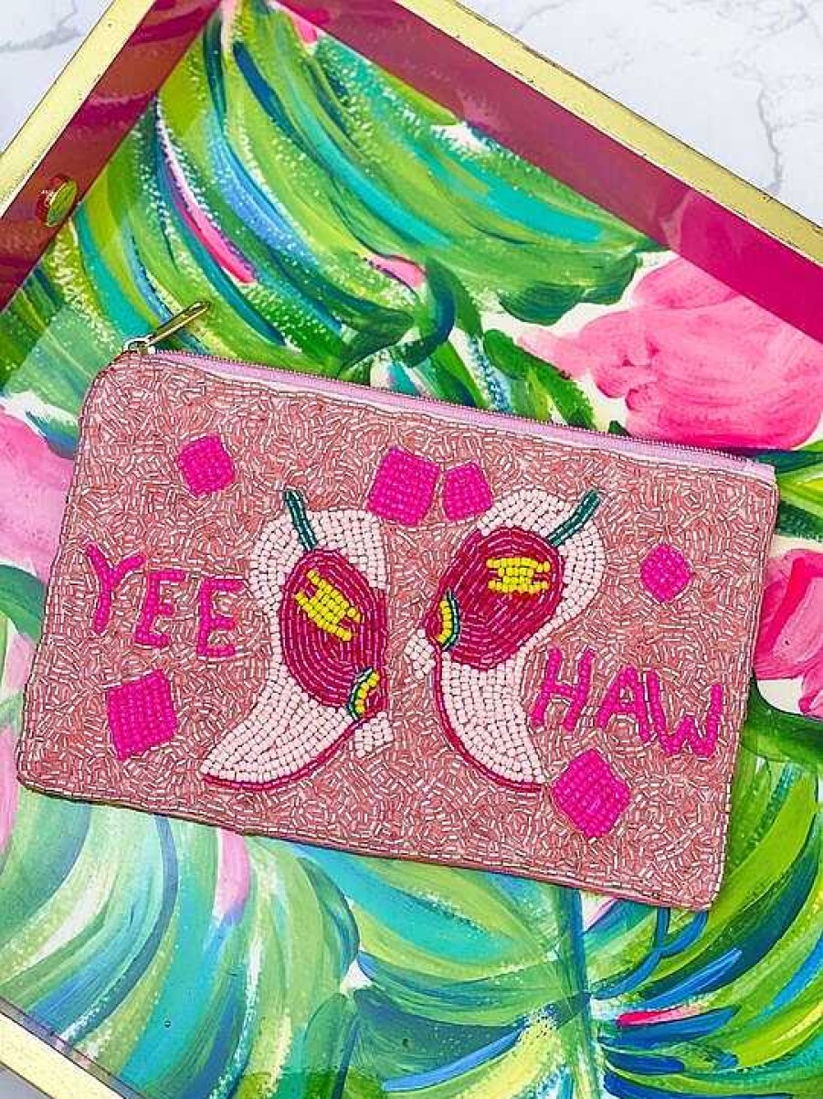 Accessories Prep Obsessed TL Wristlets & Clutches | Yeehaw' Pink Boots Beaded Zip Wristlet