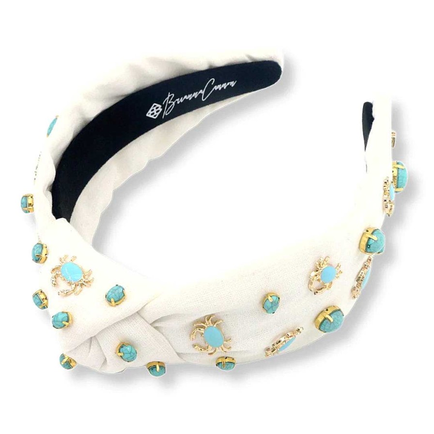 Accessories Brianna Cannon Headbands | White Twill Headband With Turquoise And Gold Crabs By Brianna Cannon