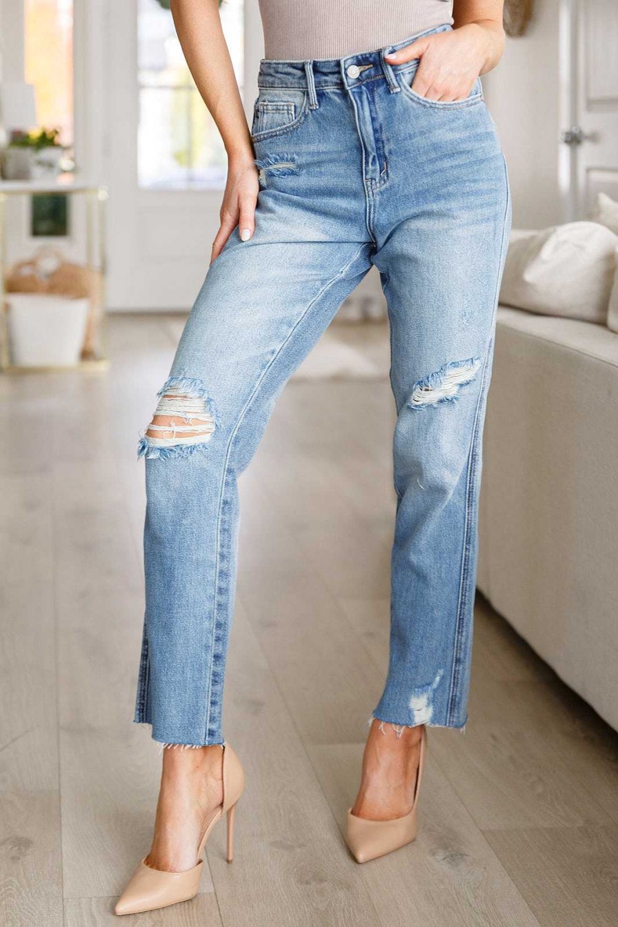 Clothing Ave Shops Denim | Nora High Rise Rigid Magic Destroy Slim Straight Jeans By Judy Blue