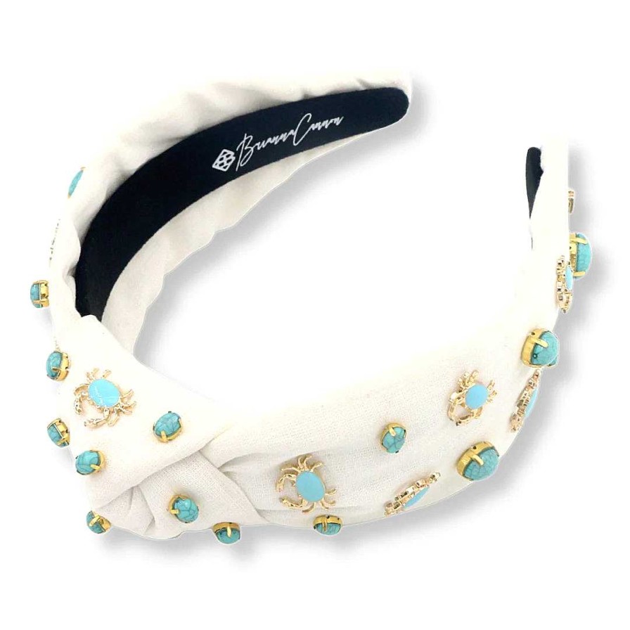 Accessories Brianna Cannon Hair Ties & Clips | White Twill Headband With Turquoise And Gold Crabs By Brianna Cannon