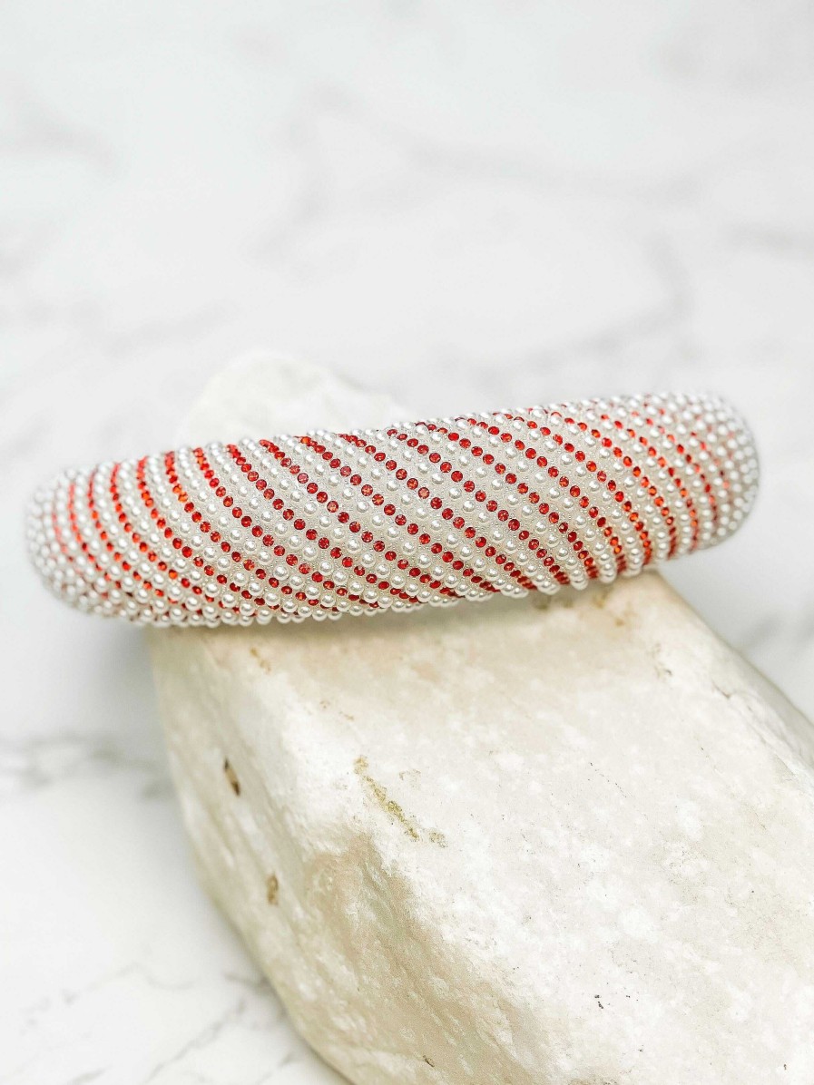 Accessories Prep Obsessed FC Headbands | Pearl & Rhinestone Striped Padded Headband - Red