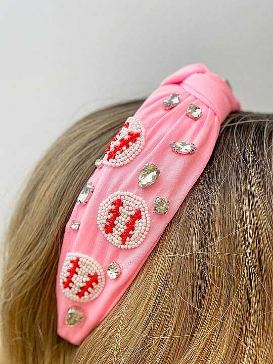 Accessories Prep Obsessed TL Headbands | Beaded Baseball Embellished Headband - Pink