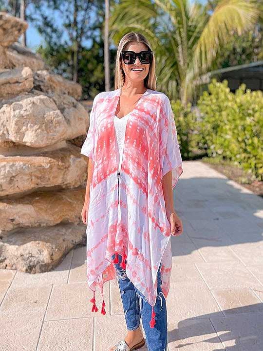 Clothing Prep Obsessed MIZ Kimonos | Tie Dye Tassel Kimono - Pink