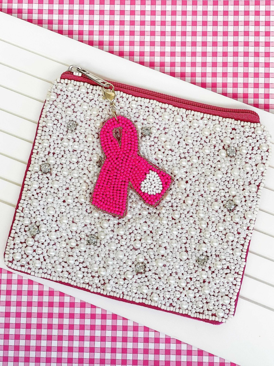 Accessories Prep Obsessed PR Wallets | Breast Cancer Ribbon Charm Beaded Zip Pouch