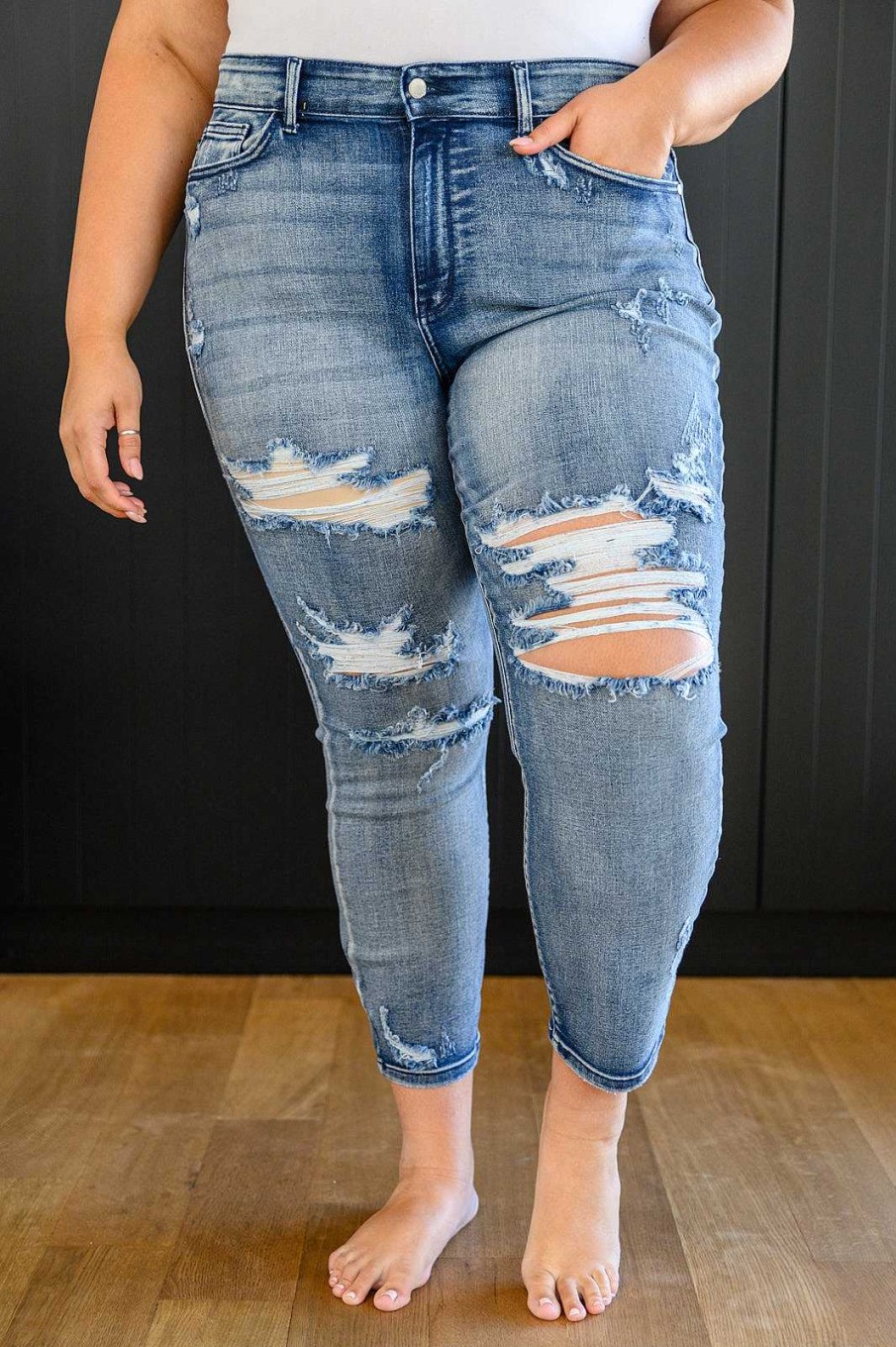 Clothing LH May Sale Denim | Mary Lou Hi-Rise Destroyed Boyfriend Jeans By Judy Blue