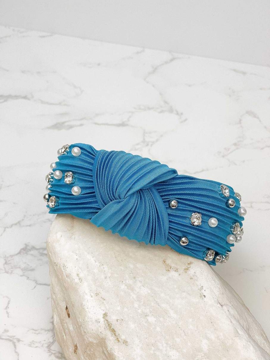 Accessories Prep Obsessed TL Headbands | Top Knot Pearl & Rhinestone Pleated Headband - Blue