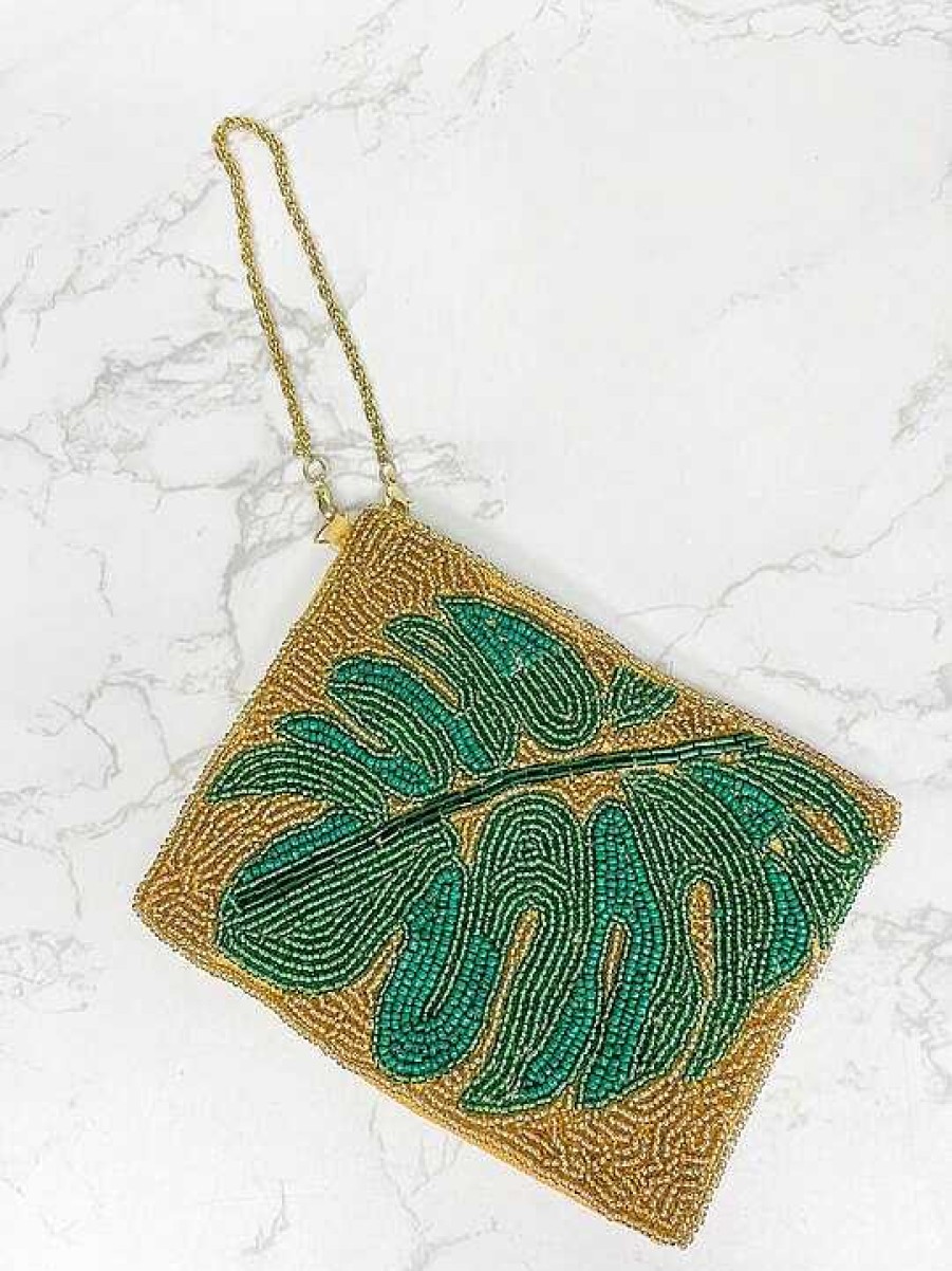 Accessories Prep Obsessed TI Wristlets & Clutches | Palm Leaf Beaded Petite Wristlet - Gold