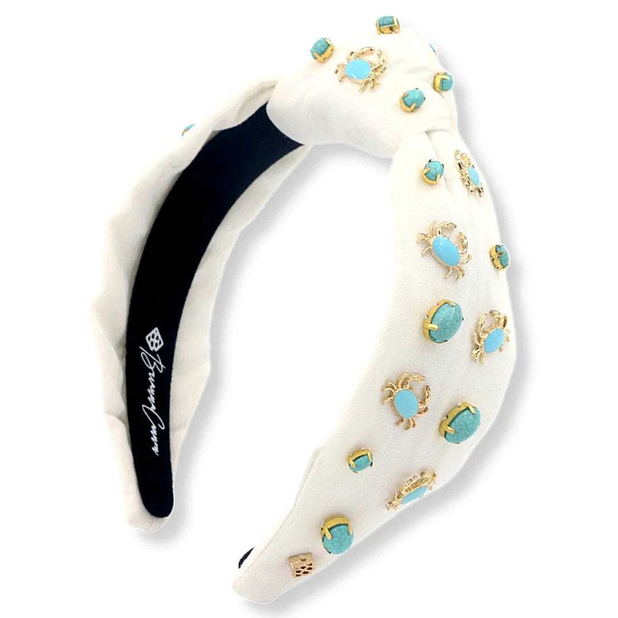 Accessories Brianna Cannon Hair Ties & Clips | White Twill Headband With Turquoise And Gold Crabs By Brianna Cannon