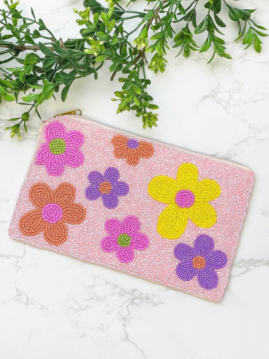 Accessories Prep Obsessed TL Wristlets & Clutches | Retro Flower Beaded Zip Wristlet