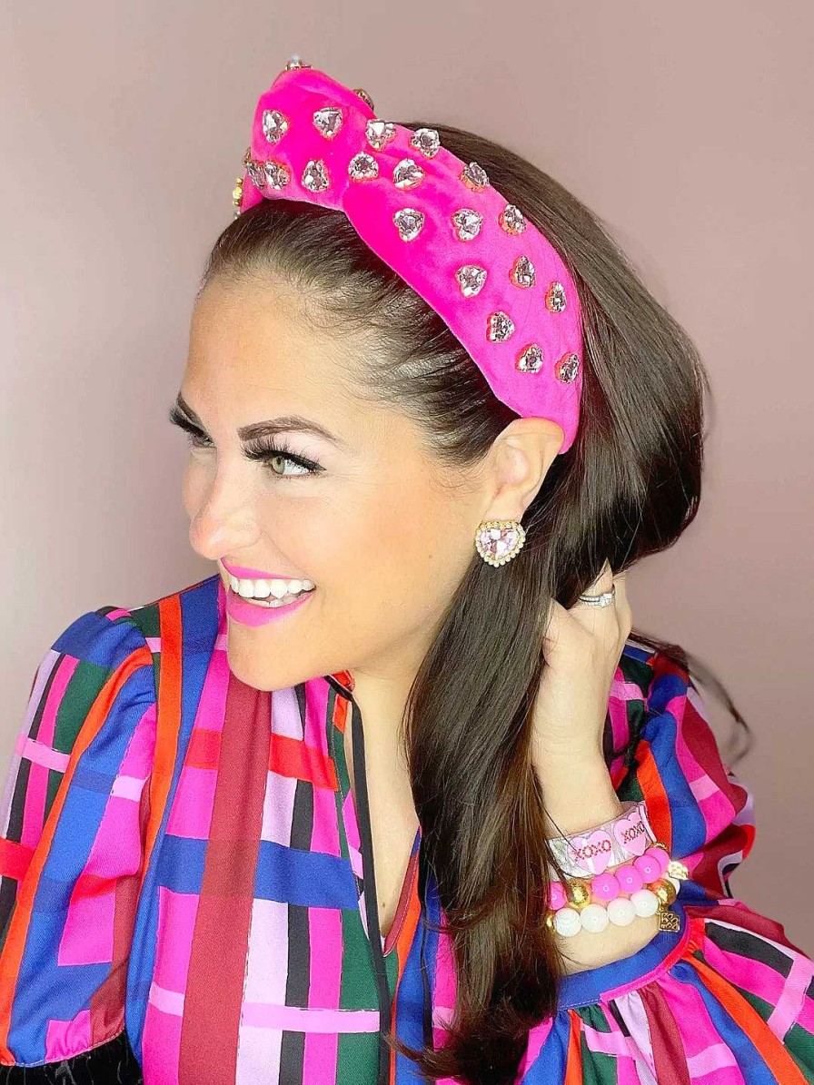 Accessories Brianna Cannon Headbands | Heart Crystal Velvet Knotted Headband - Hot Pink By Brianna Cannon