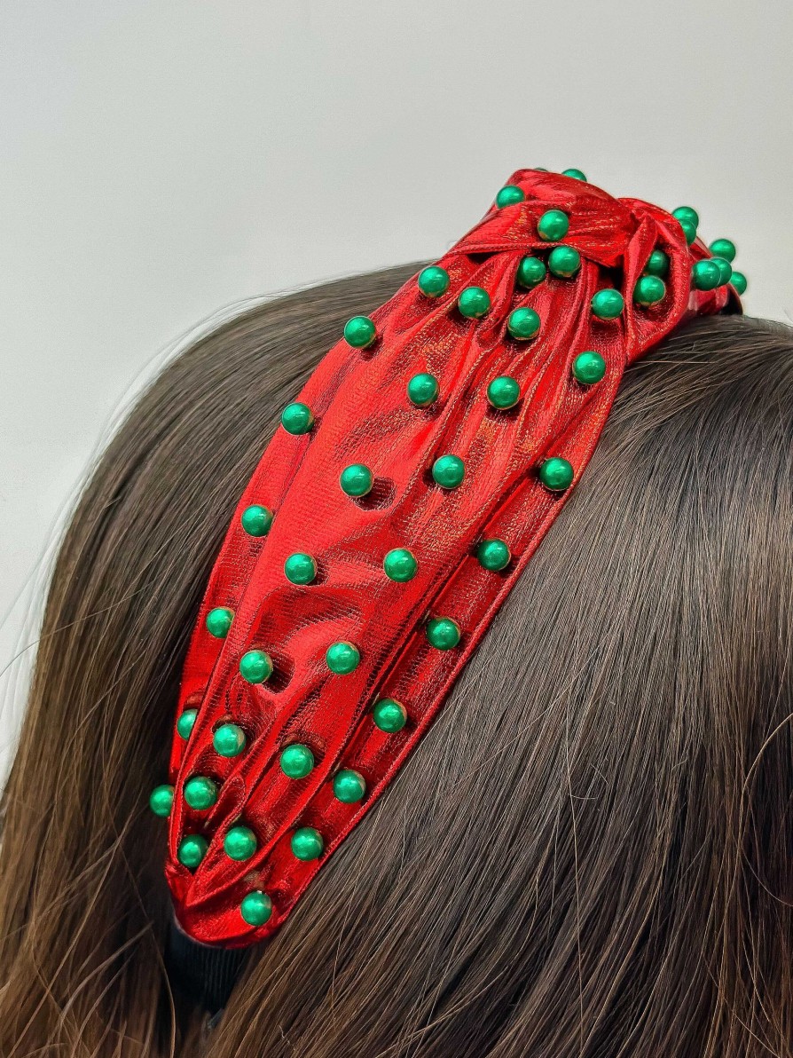 Accessories Prep Obsessed JS Headbands | Christmas Pearl Embellished Top Knot Headband - Red