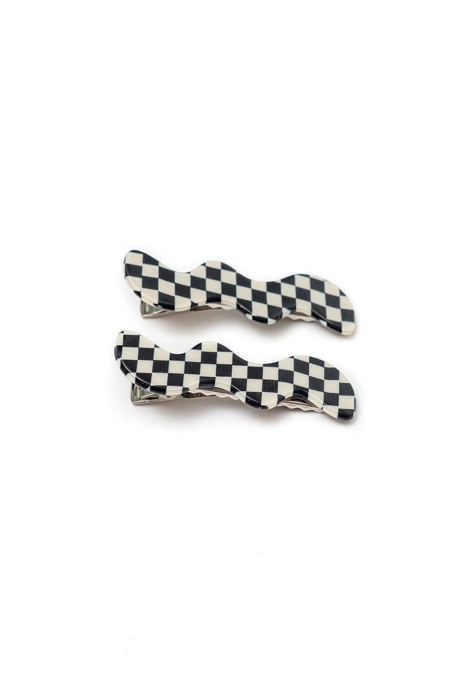 Accessories Ave Shops Hair Ties & Clips | Wavy Clip Set In Checkered Black (Ships In 1-2 Weeks)