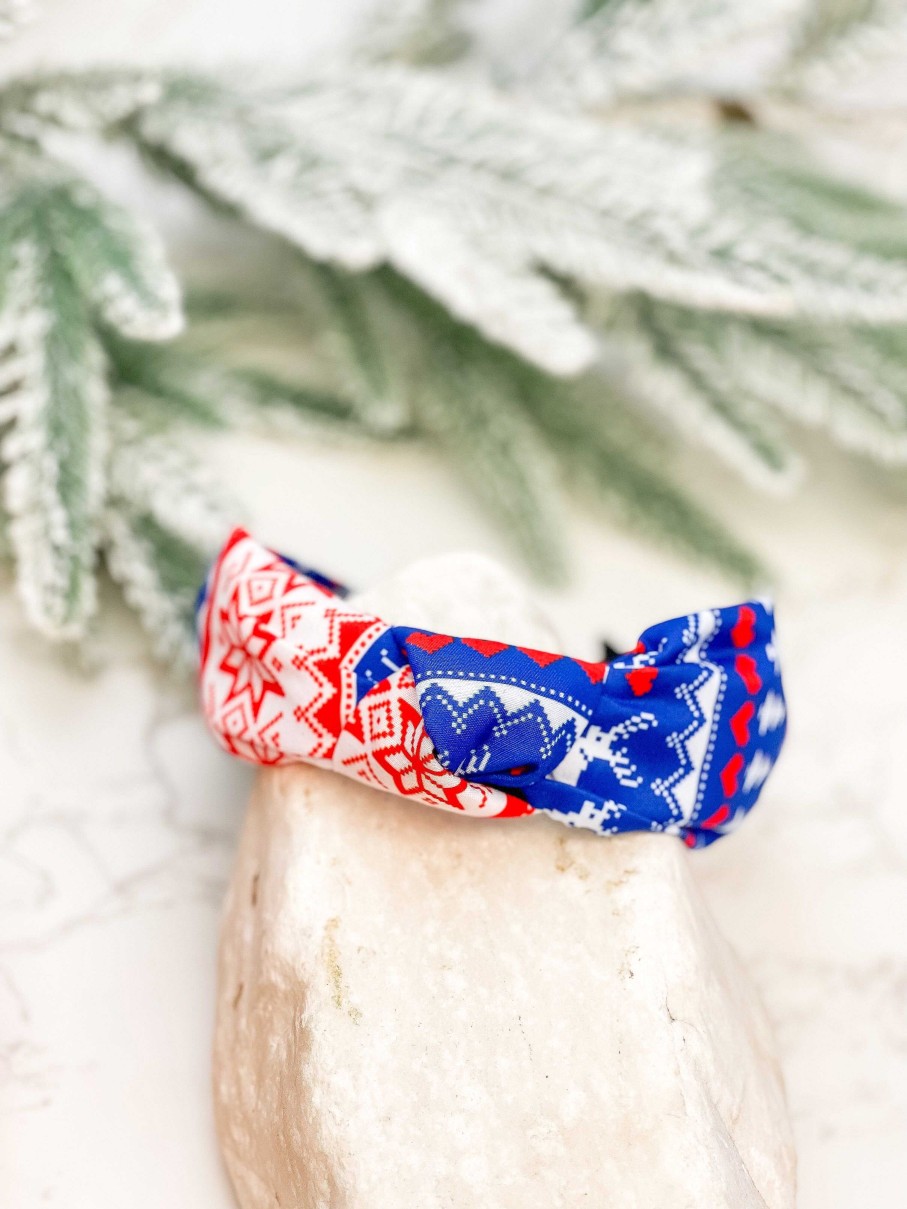 Accessories Prep Obsessed LM Headbands | Fair Isle Printed Top Knot Headband - Red & Blue