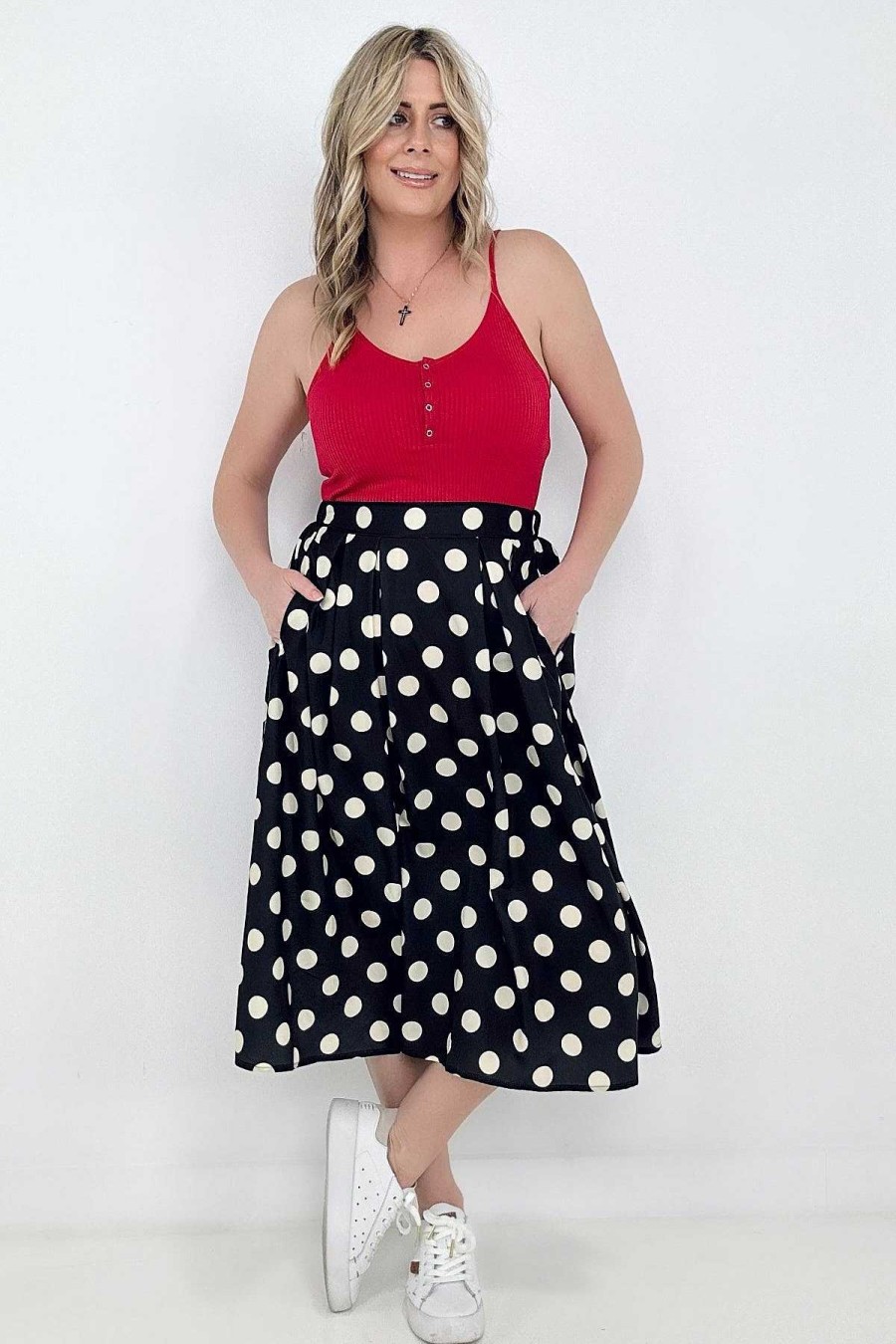 Clothing Kiwidrop Skirts | Jade By Jane Polka Dot Pleated Midi Skirt