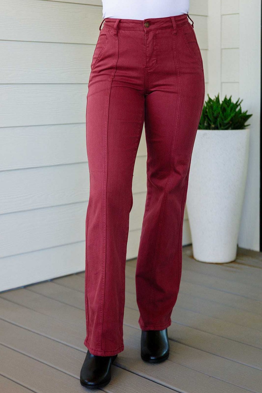 Clothing Ave Shops Denim | Phoebe High Rise Front Seam Straight Jeans In Burgundy By Judy Blue Pf