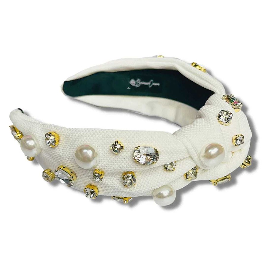 Accessories Brianna Cannon Headbands | Pearl & Crystal Twill Headband - White By Brianna Cannon