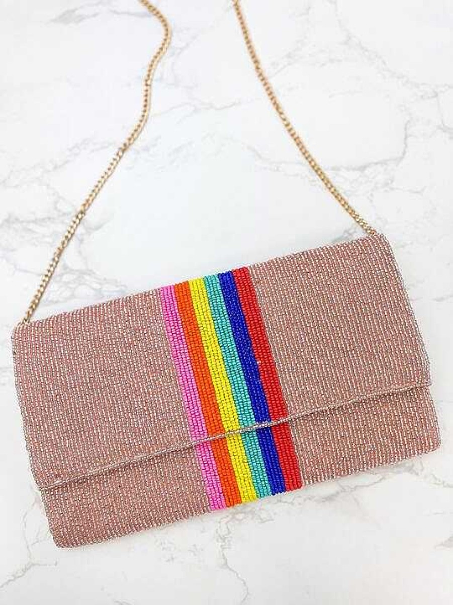 Accessories Prep Obsessed TI Crossbody Bags | Rainbow Stripe Crossbody Chain Clutch - Pink