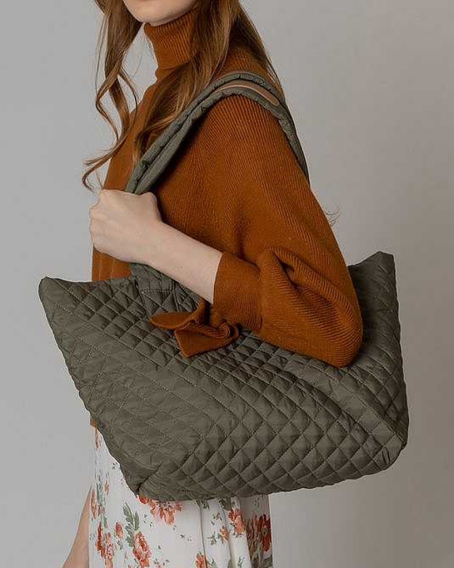 Accessories Prep Obsessed KW Tote Bags | Quilted Tote Bag - Olive