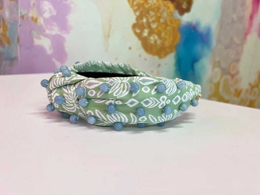 Accessories Brianna Cannon Hair Ties & Clips | Green & White Palm Headband With Aquamarine Beads By Brianna Cannon