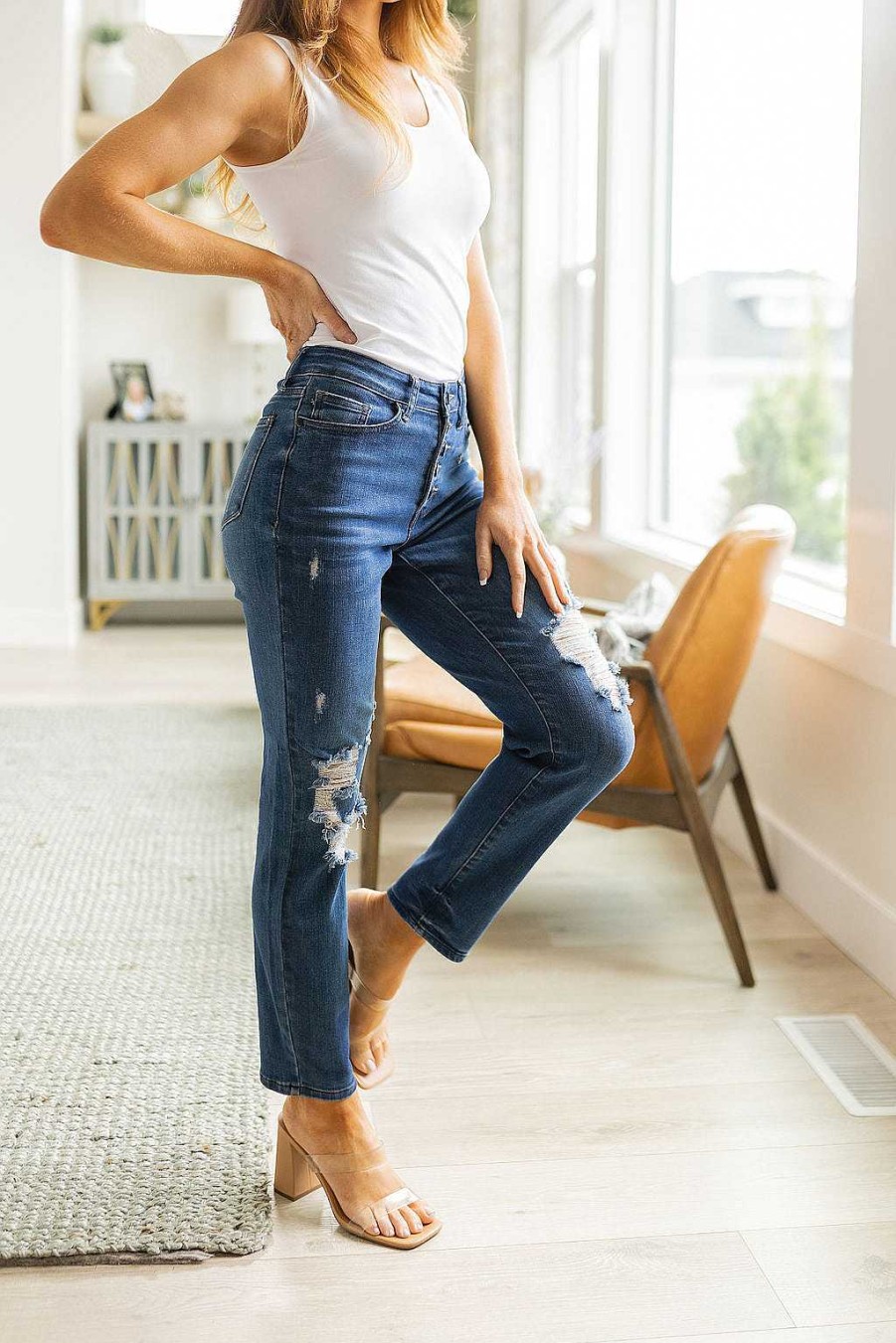 Clothing Ave Shops Denim | Colt High Rise Button Fly Distressed Boyfriend Jeans By Judy Blue