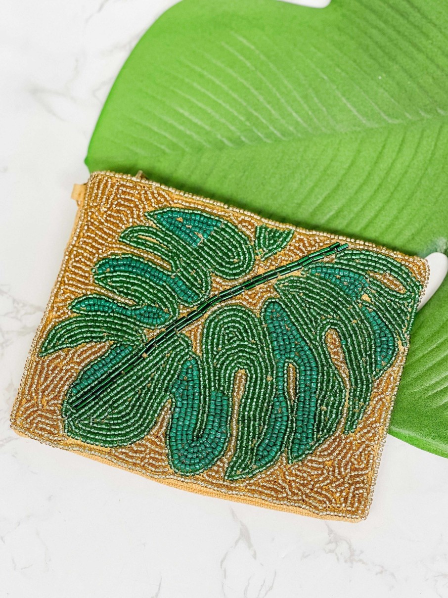 Accessories Prep Obsessed TI Wristlets & Clutches | Palm Leaf Beaded Petite Wristlet - Gold