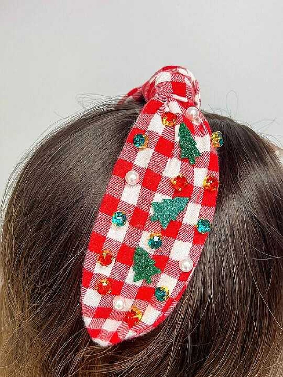 Accessories Prep Obsessed JS Headbands | Glitter Christmas Tree Embellished Top Knot Headband - Red & White