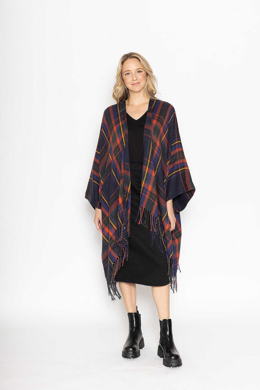 Clothing Prep Obsessed KW Kimonos | Plaid Fringe Cozy Fringe Kimono - Navy Blue