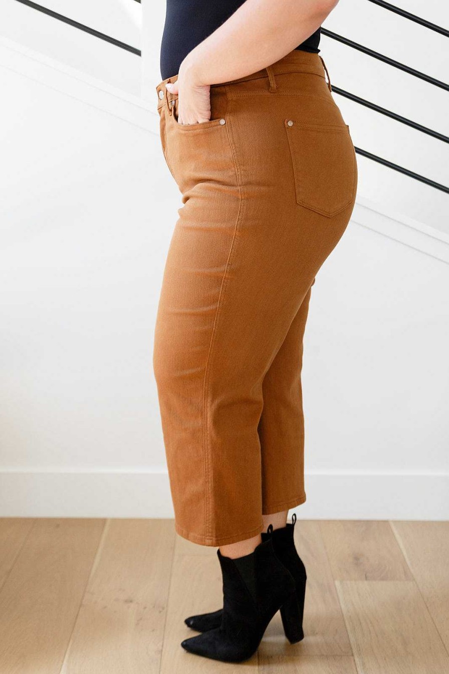 Clothing Ave Shops Denim | Briar High Rise Control Top Wide Leg Crop Jeans In Camel By Judy Blue