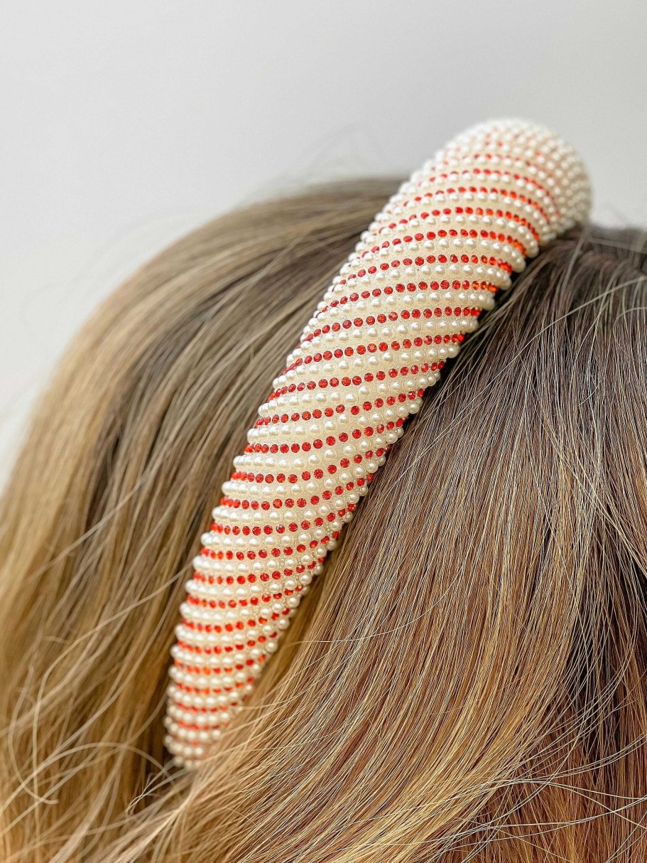 Accessories Prep Obsessed FC Hair Ties & Clips | Pearl & Rhinestone Striped Padded Headband - Red