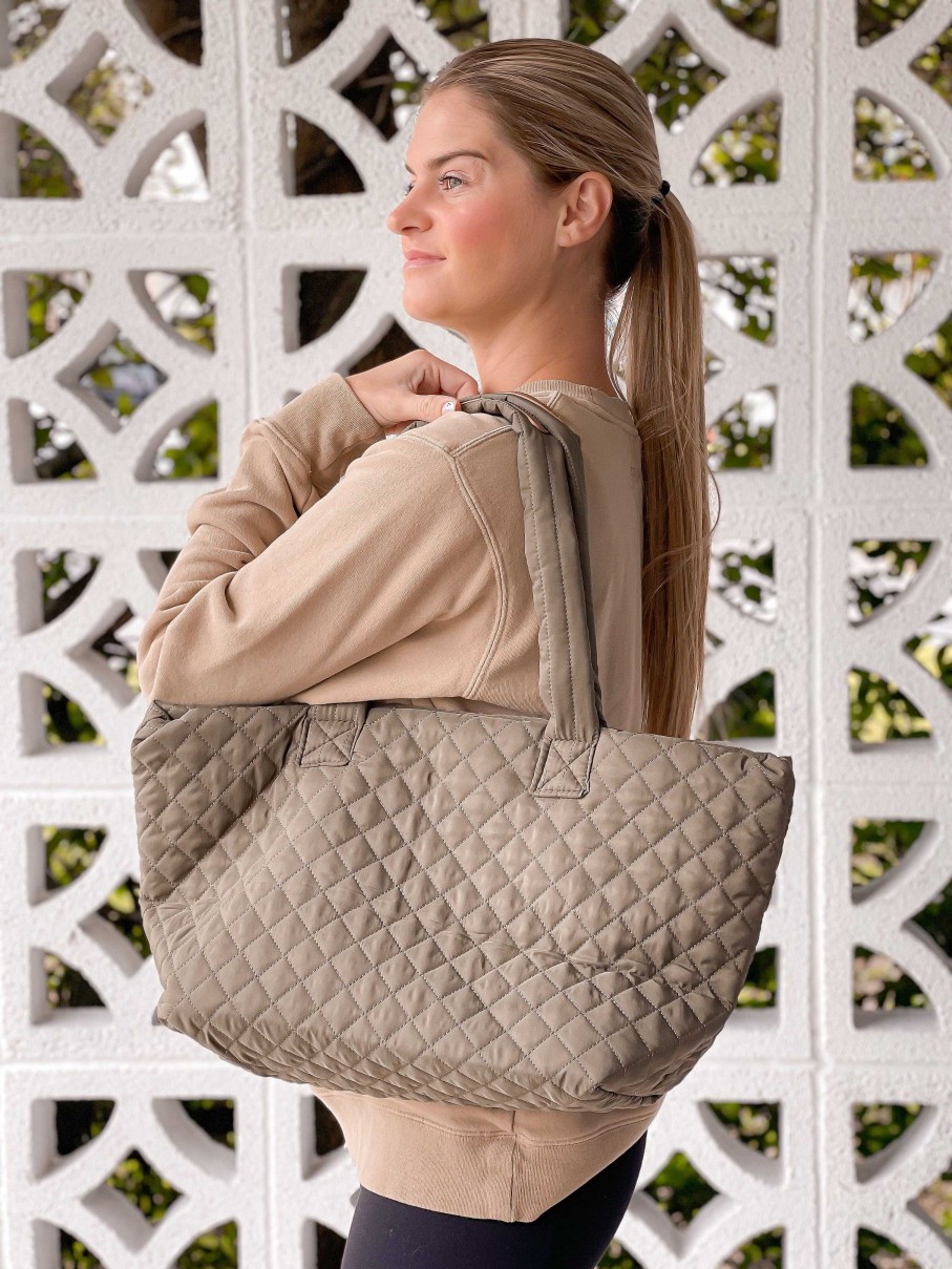 Accessories Prep Obsessed KW Tote Bags | Quilted Tote Bag - Olive