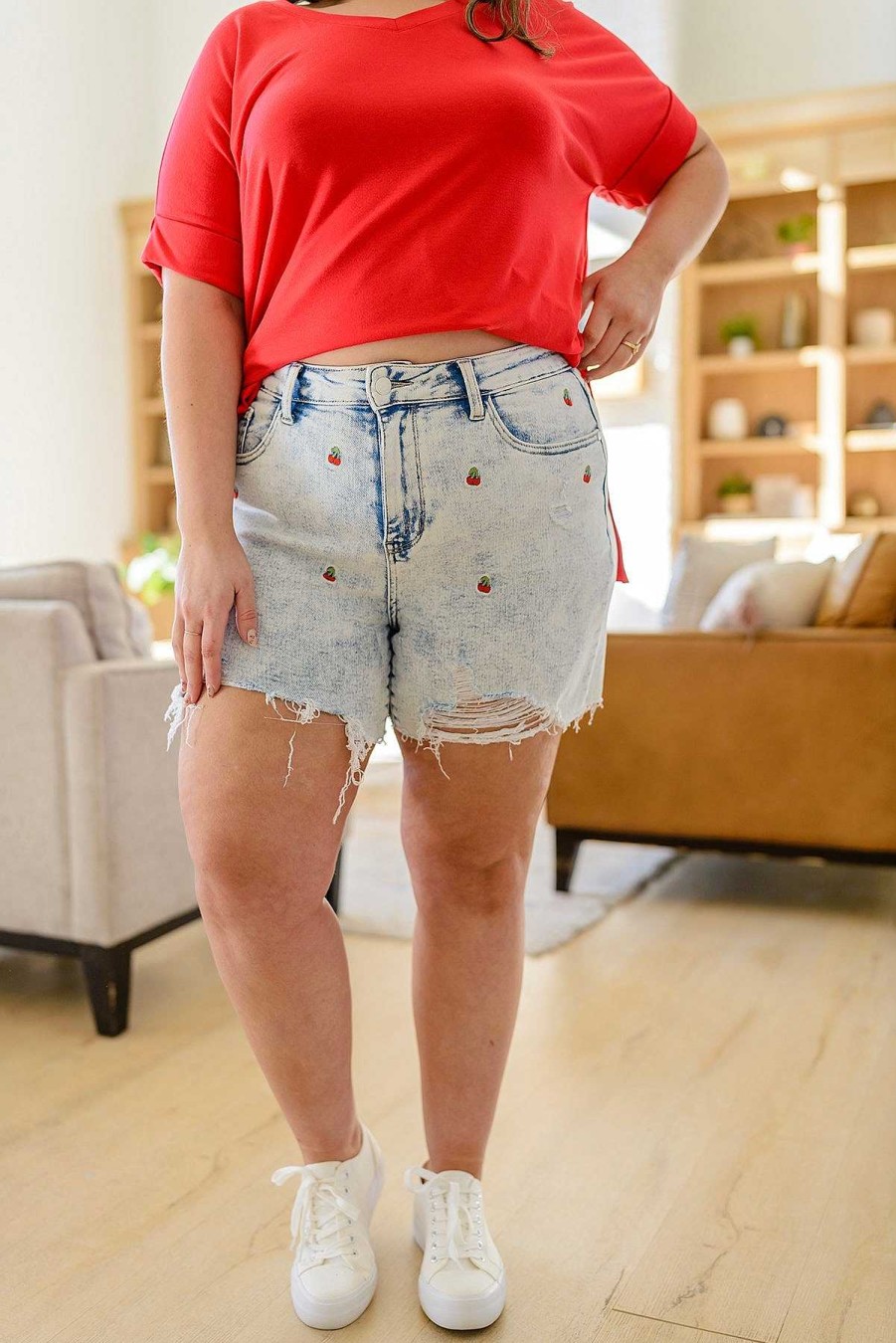 Clothing LDW Sale Shorts | Hi-Waisted Cherry Acid Wash Cutoffs By Judy Blue