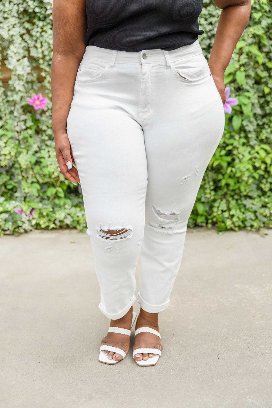 Clothing LH May Sale Denim | Mid-Rise Boyfriend Destroyed White Jeans By Judy Blue