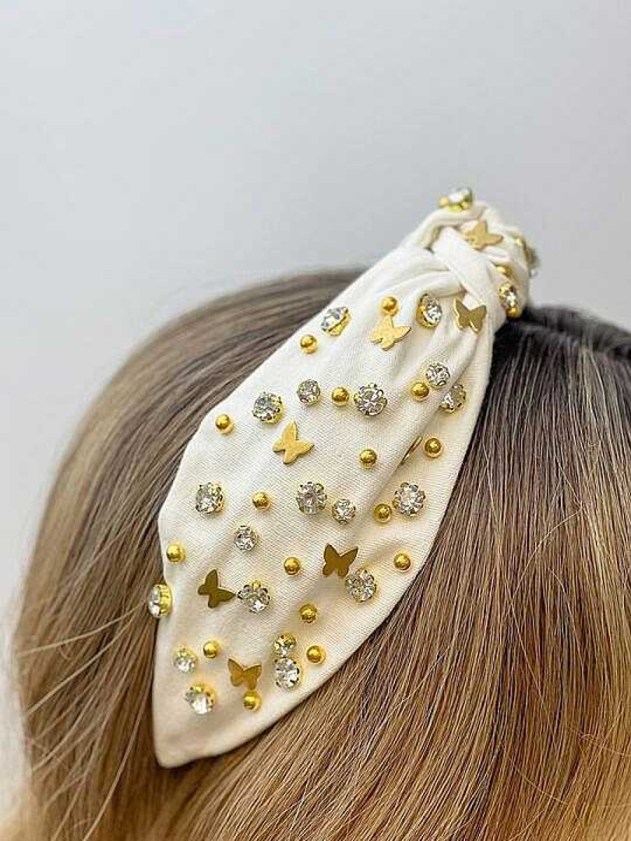 Accessories Prep Obsessed Headbands | Gold Butterflies Top Knot Headband - White