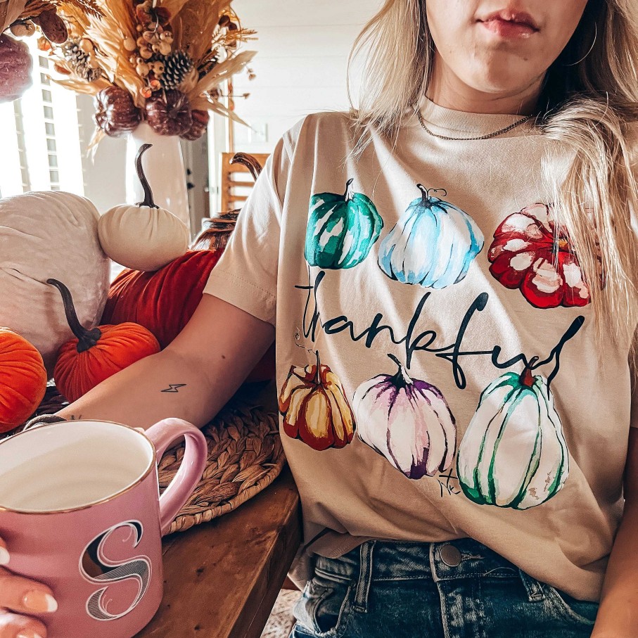 Clothing Prickly Pear TX Graphic Tees | Thankful' Painted Pumpkins Short Sleeve Graphic Tee