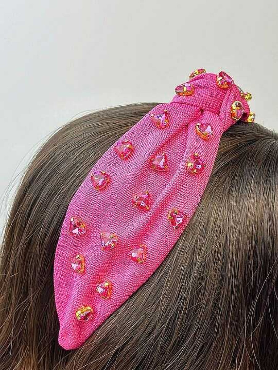 Accessories Prep Obsessed TL Headbands | Jewel Hearts Embellished Headband - Fuchsia