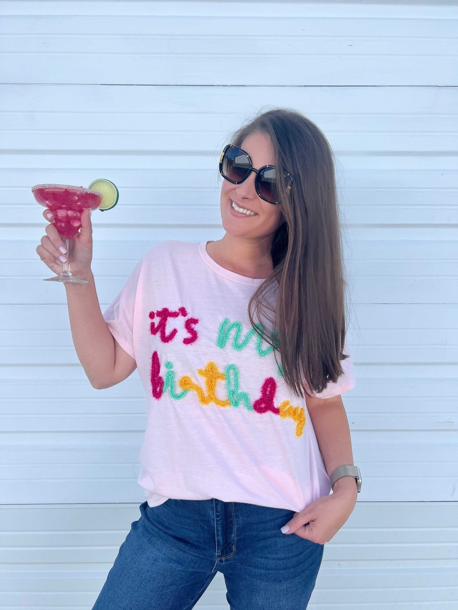 Clothing Bibi Preppy Tees | It'S My Birthday' Metallic Letter Dolman Top - Blush