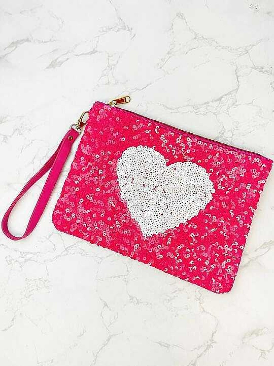 Accessories Prep Obsessed TI Wristlets & Clutches | Sequin Heart Wristlet - Hot Pink