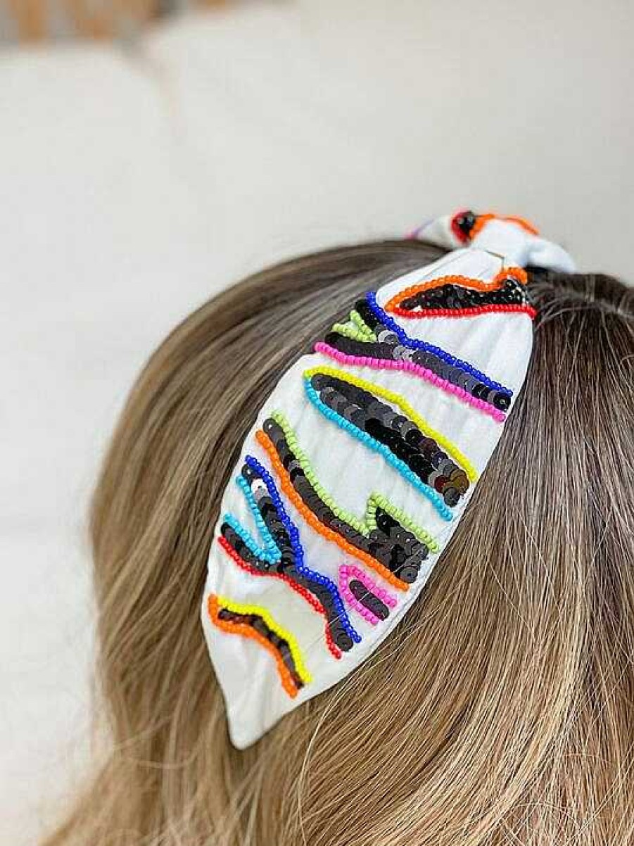 Accessories Prep Obsessed TL Headbands | Beaded Zebra Embroidered Headband - Multi