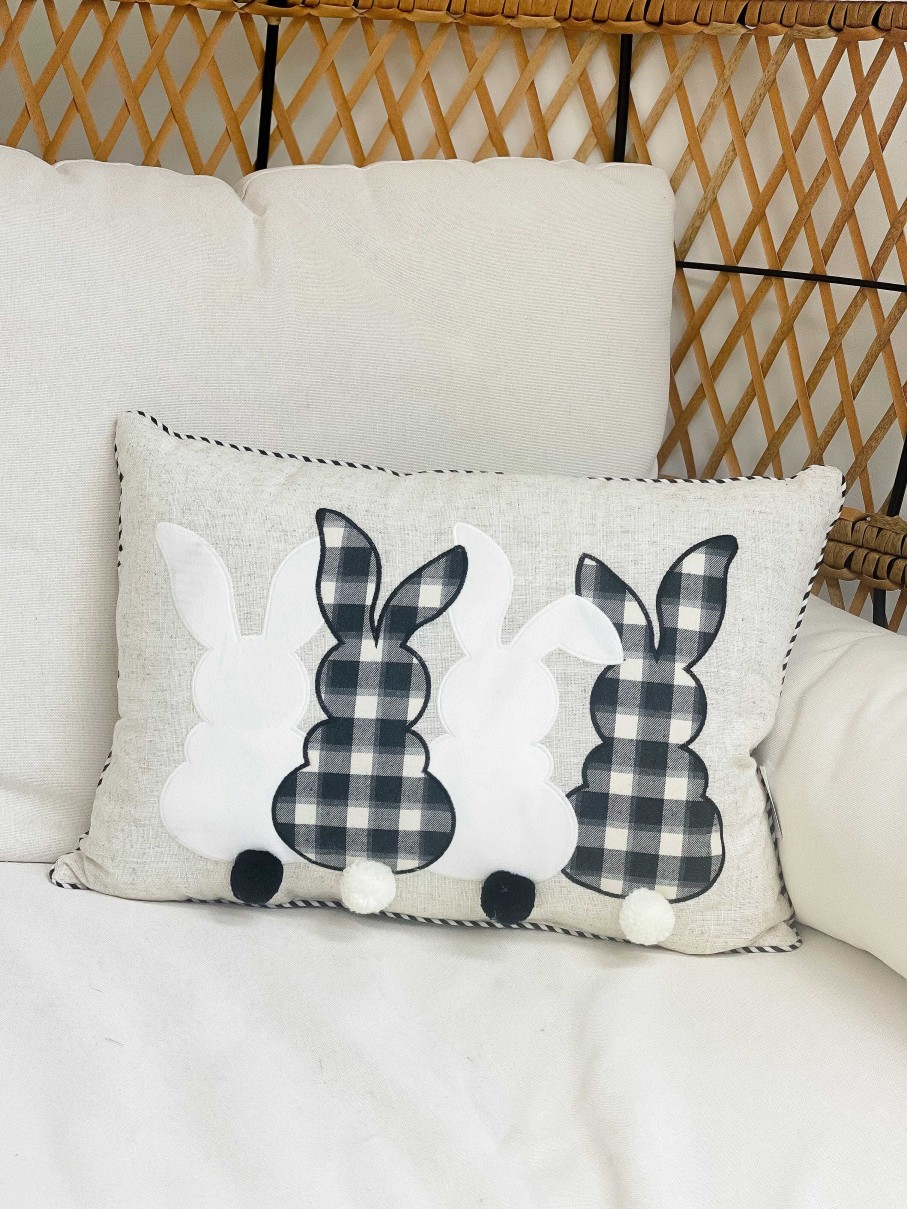 Home Decor Gerson | Black Gingham Pom Tail Bunny Pillow