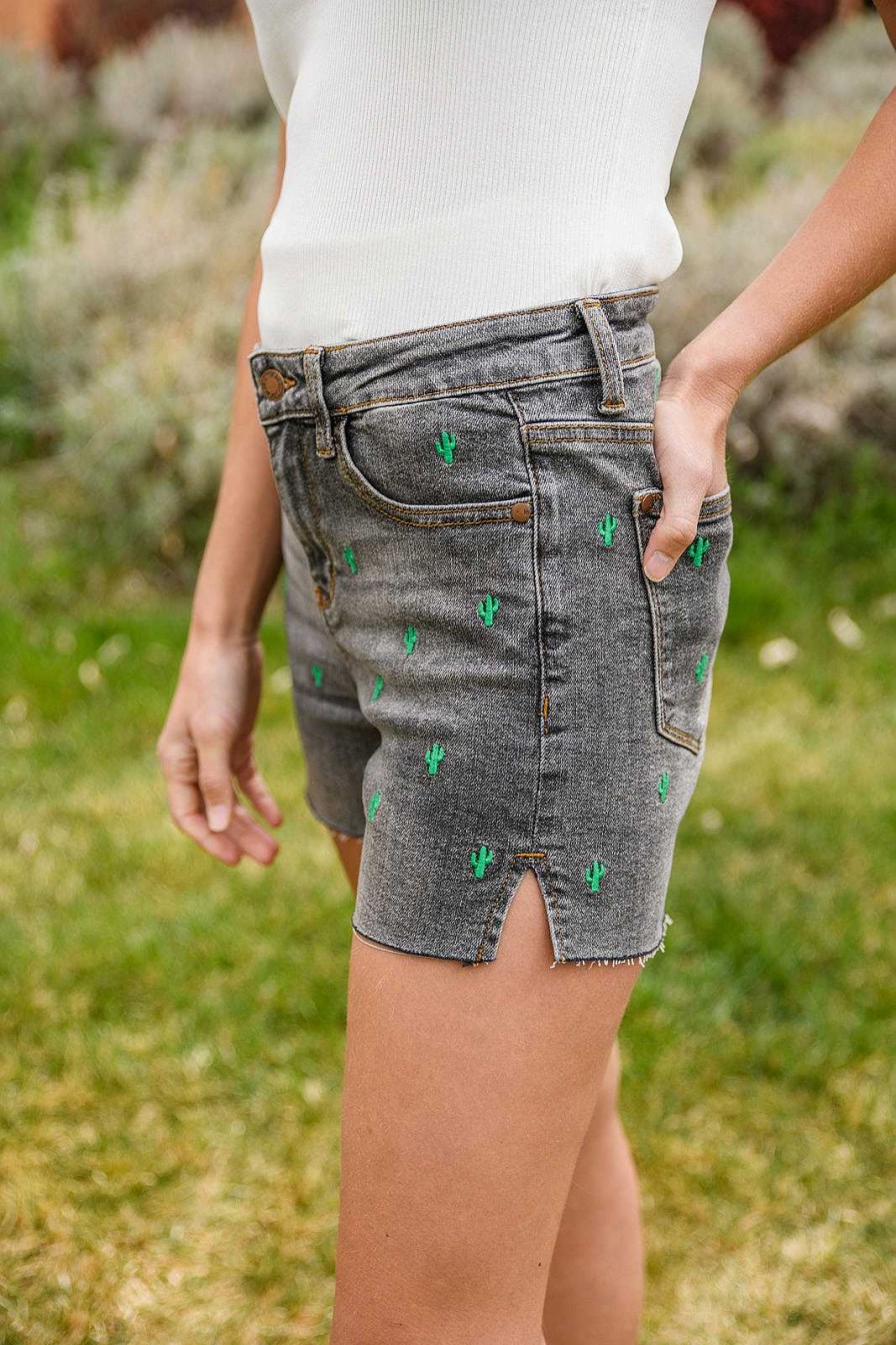 Clothing LHFourth Shorts | Hi-Waisted Cactus Embroidery Cutoff Shorts By Judy Blue