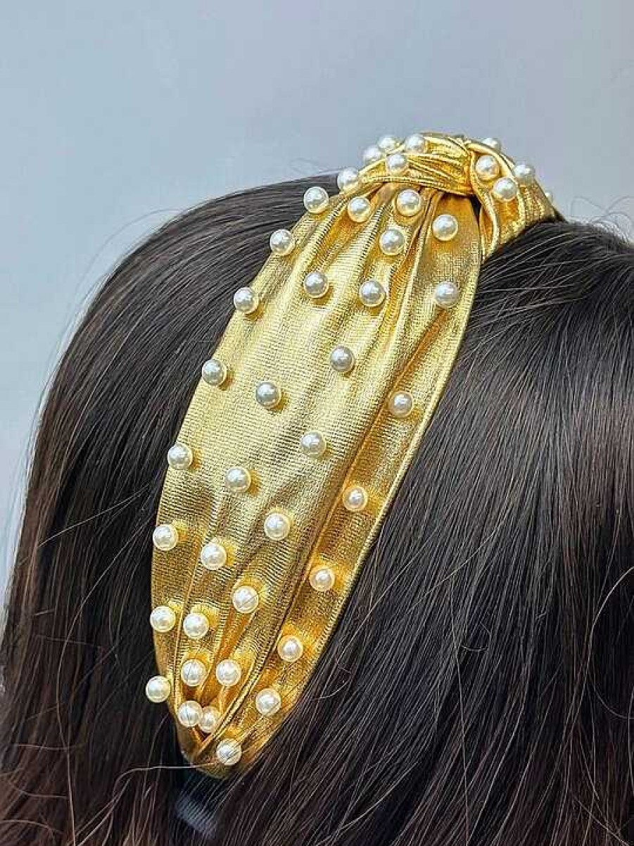 Accessories Prep Obsessed JS Headbands | Metallic Pearl Embellished Top Knot Headband - Gold