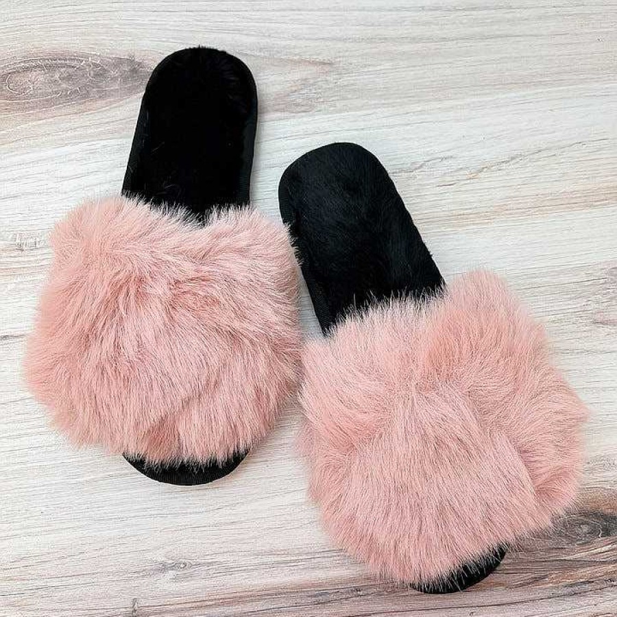 Shoes Prep Obsessed | Faux Fur Plush Slides - Pink